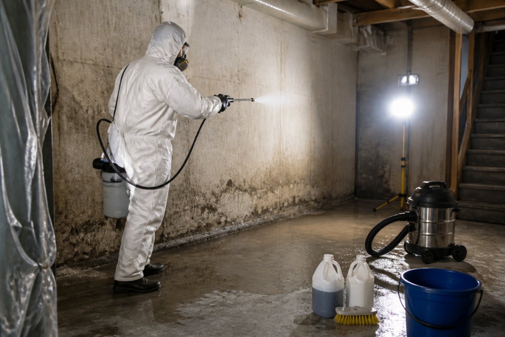 Professional in full protective gear spraying disinfectant solution on basement walls and floor, wet vac nearby, bright work lights illuminating the scene