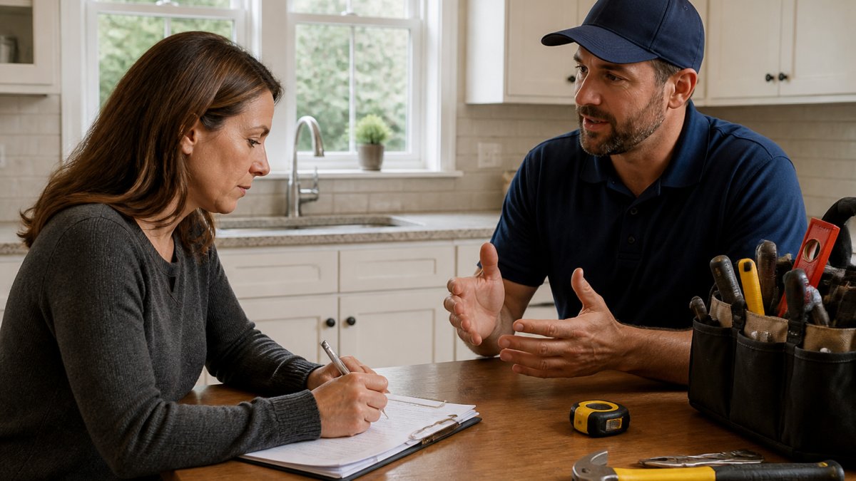 Homeowner reviewing a written checklist and taking notes while speaking with a handyman in a residential kitchen, natural light from window