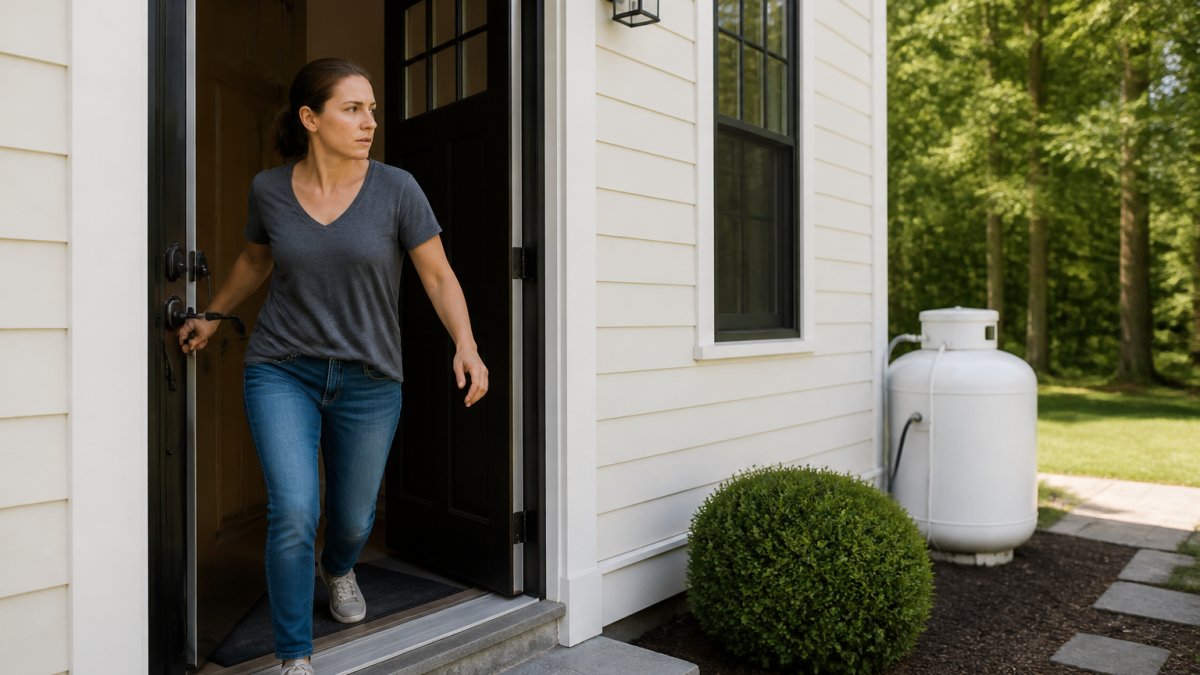 Person quickly exiting a residential home to evacuate during a propane gas leak emergency.