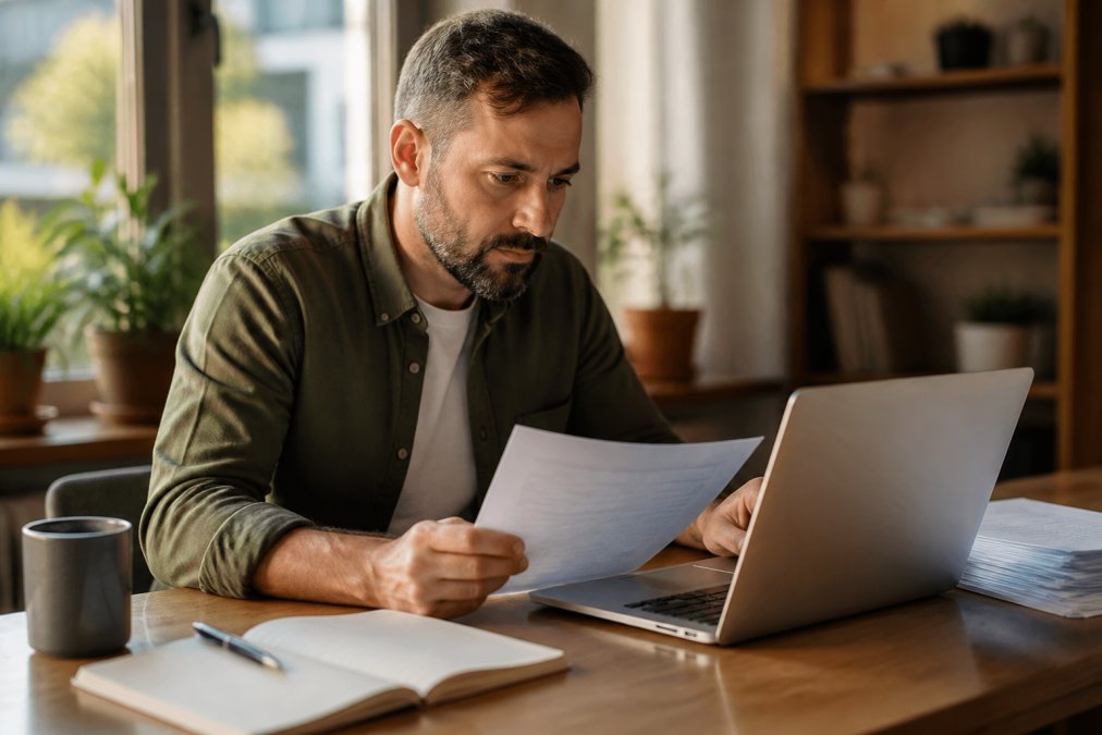 A contractor in a home office reviewing financial documents on a laptop, notebook and coffee mug on the desk, focused expression, warm afternoon light through the window