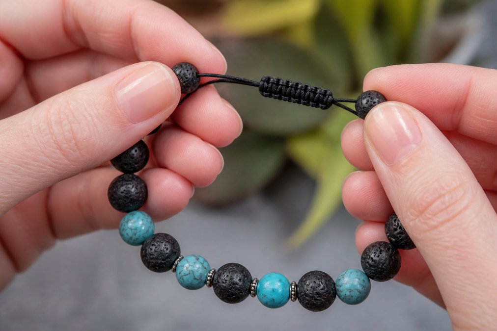 Close-up van een hand die een verstelbare edelstenen armband met zwarte lavastenen en turquoise kralen vasthoudt bij natuurlijk daglicht, met het elastische koord zichtbaar tussen de kralen