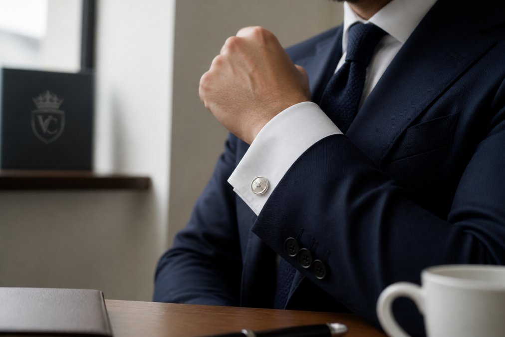 Professional man's wrist wearing polished sterling silver cufflinks with crisp white dress shirt and navy blazer, showing proper cuff positioning and gleaming cufflink detail in natural office lighting