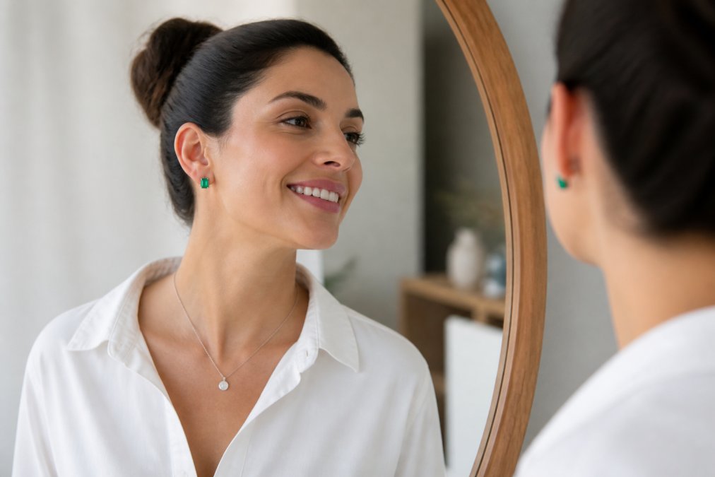Woman wearing gold plated huggie earrings and a sterling silver necklace, smiling while looking in a mirror, demonstrating comfortable everyday wear