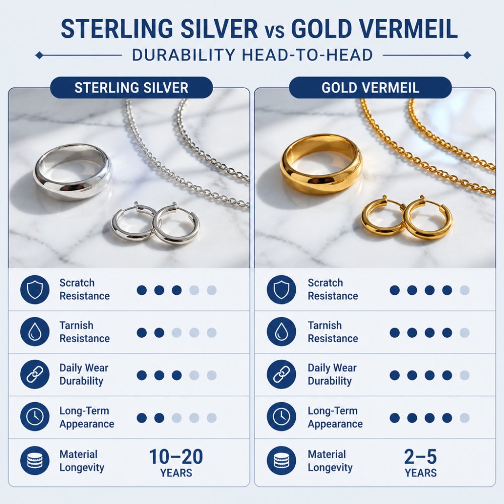 Close-up of sterling silver and gold vermeil jewelry pieces displayed side by side on marble surface, showing surface finish and reflective qualities in natural daylight