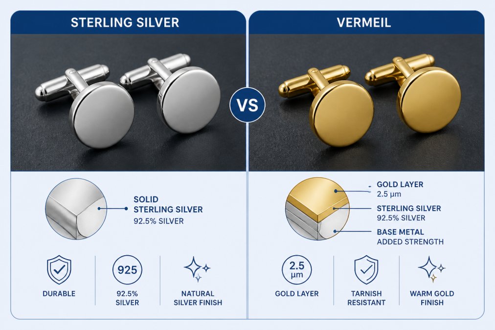 Close-up of polished sterling silver and gold vermeil cufflinks side by side on a dark surface, showing the contrast in color and finish, with soft lighting highlighting surface details