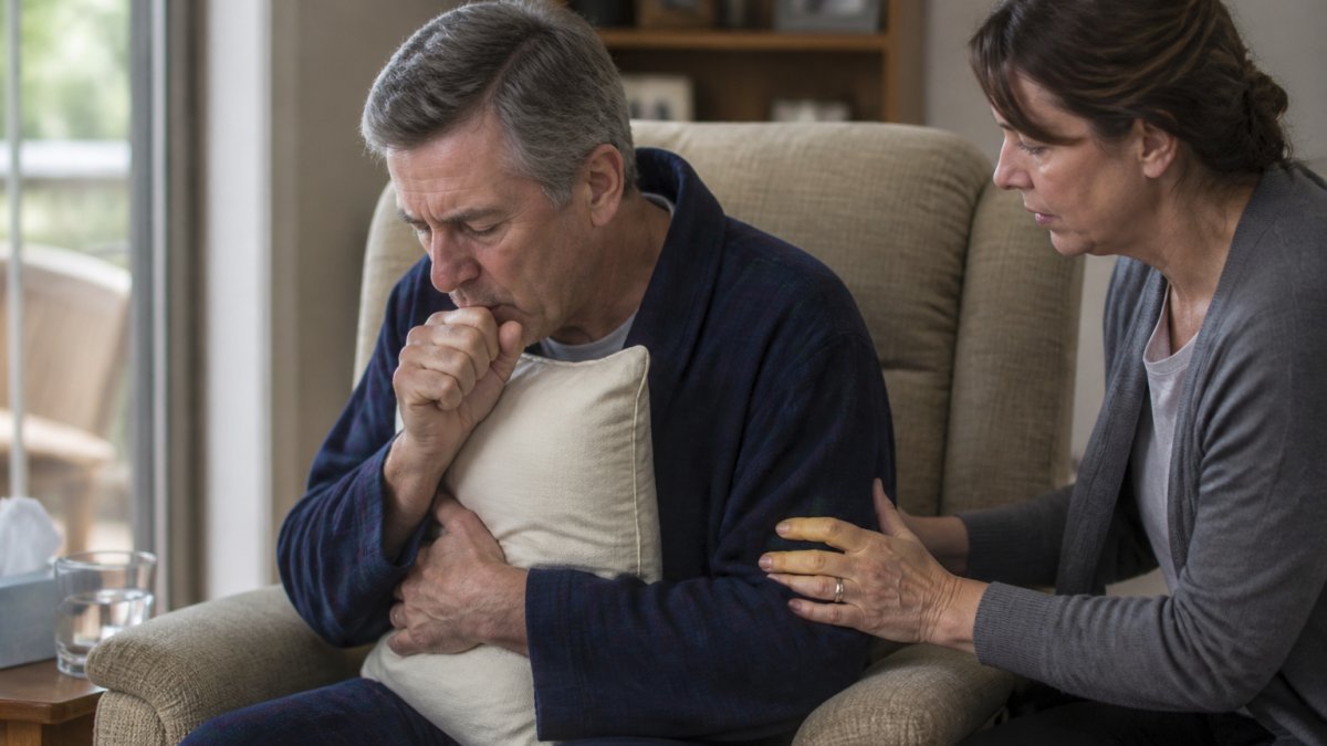A heart surgery patient sitting in a recliner, holding a small pillow against their chest while gently coughing, with a caregiver nearby offering support in a warm home setting