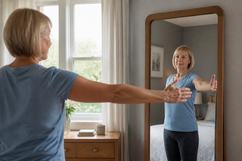 Patient performing gentle shoulder mobility exercise at home, standing in front of mirror demonstrating controlled arm movement and stretch, natural home lighting