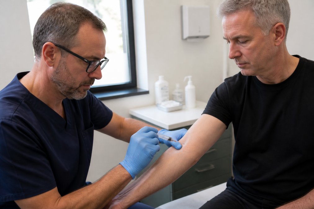 Professional demonstrating steroid injection for tennis elbow technique in modern clinical setting with natural lighting