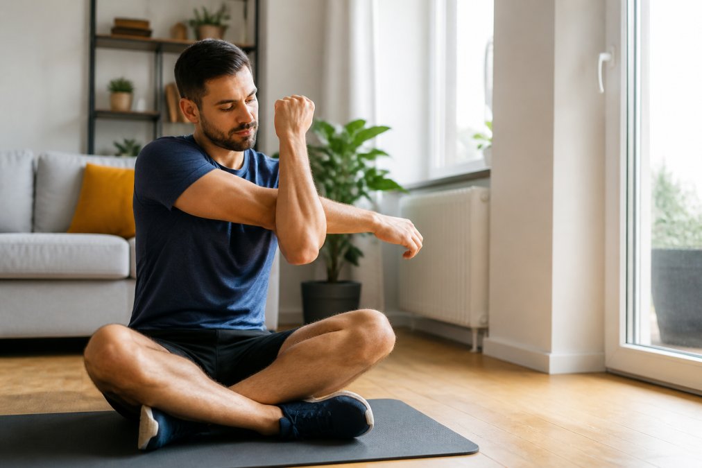 A person performing gentle physiotherapy exercises for the elbow at home, with focus on controlled stretching and rehabilitation movements in a bright home setting