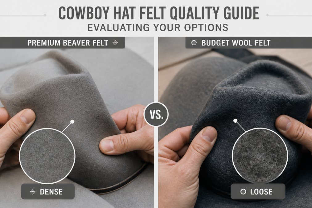 Close-up of hands holding two felt cowboy hats side by side, examining the texture and weave, with one premium beaver felt hat and one budget wool felt hat showing visible density differences in natural light