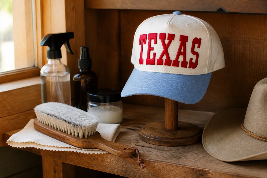 Cowboy hat resting on a wooden hat stand in proper storage position, with a soft-bristled brush and cleaning supplies arranged nearby on a rustic wooden shelf with natural window lighting