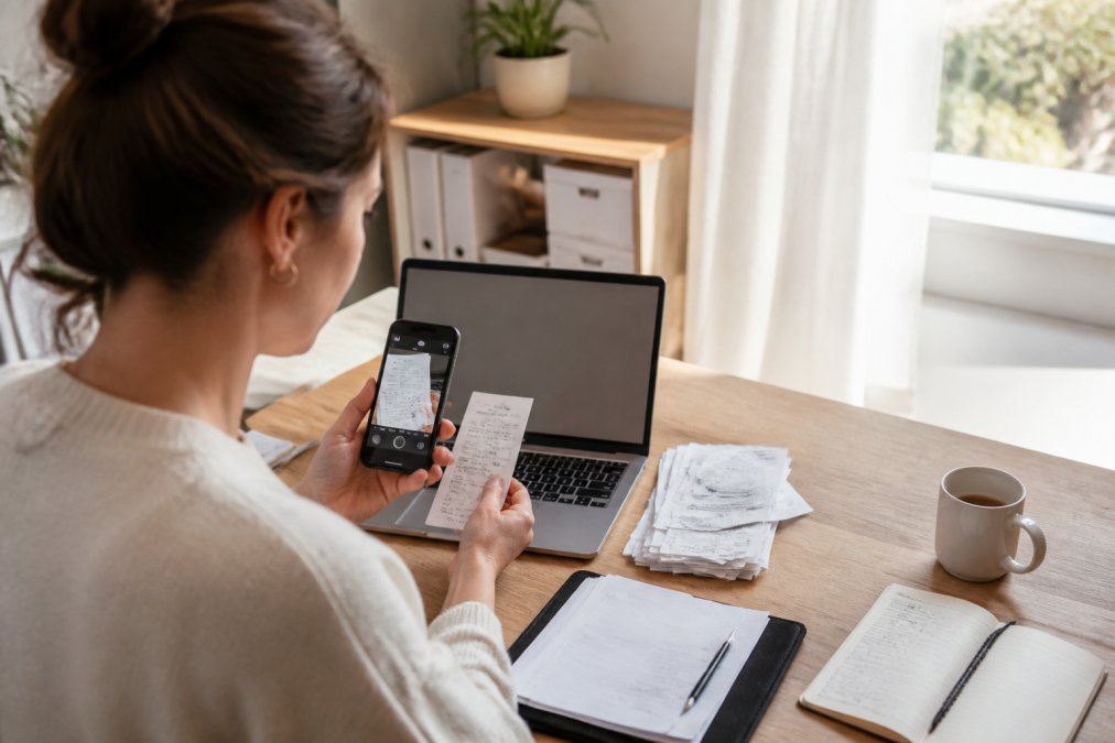 Person sitzt am Schreibtisch in hellem Homeoffice, mit Smartphone in der Hand, das auf einen Beleg zeigt. Daneben liegen organisierte Papierbelege, ein Laptop mit geöffneter Steuer-App, eine Kaffeetasse und ein Notizbuch. Natürliches Tageslicht von rechts.