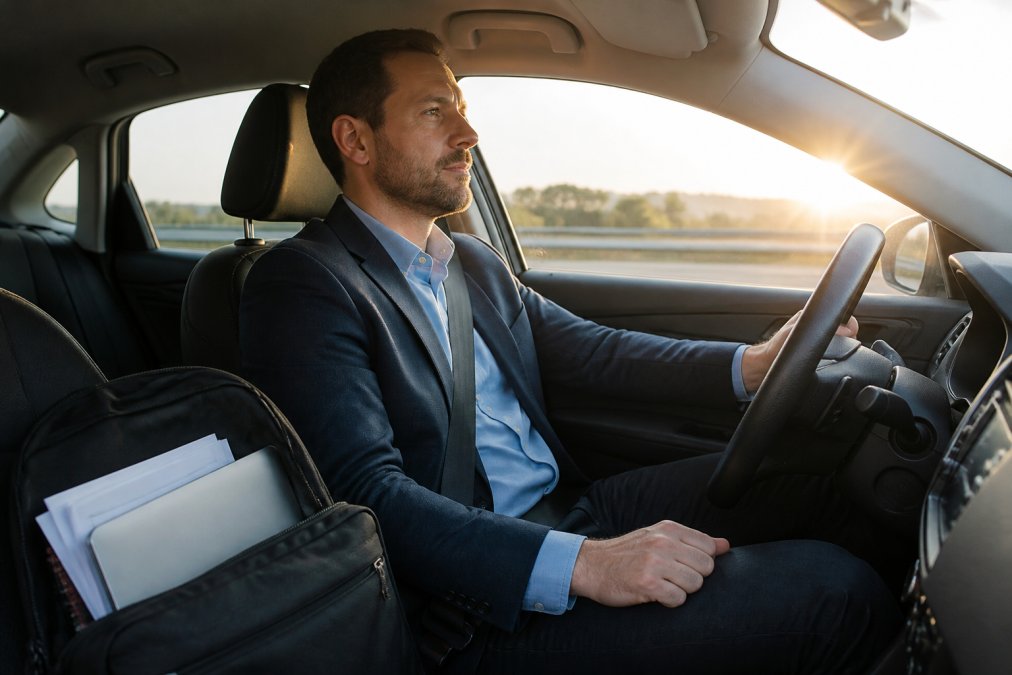 Ein Berufstätiger sitzt in seinem Auto auf dem Weg zur Arbeit, mit Dokumenten und einem Laptop im Rucksack neben ihm, während die Sonne durch das Fenster scheint