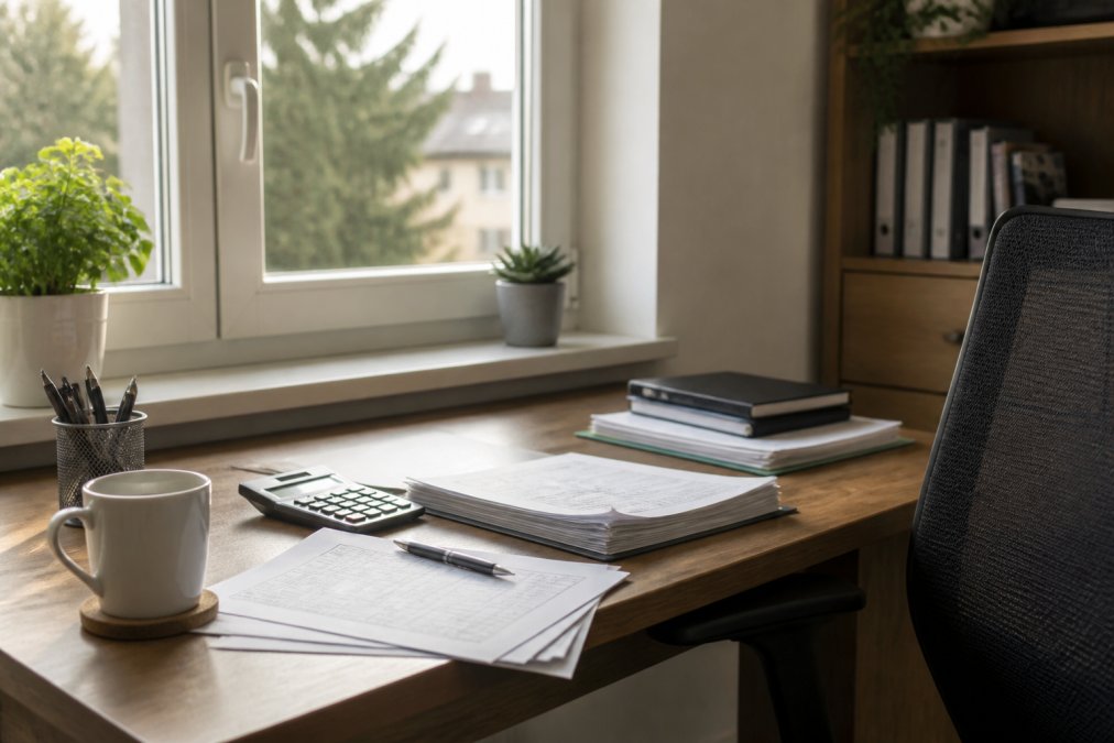 Ein gut organisierter Home-Office-Arbeitsplatz mit Schreibtisch, Computer, Steuerdokumenten und einer Kaffeetasse am Fenster mit natürlichem Licht