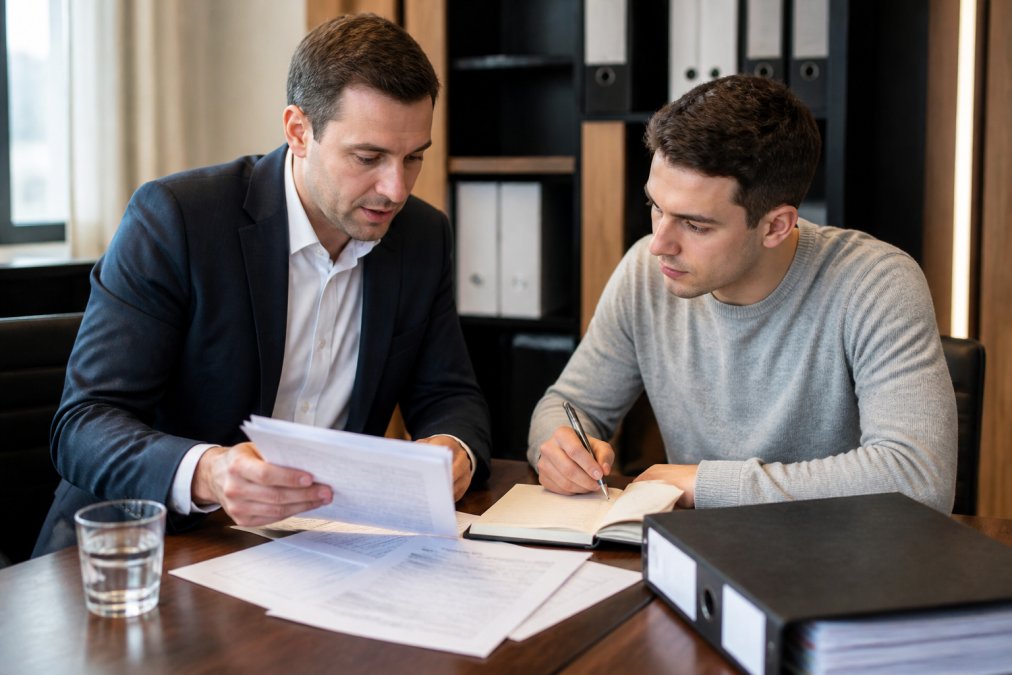 Steuerberater sitzt mit Arbeitnehmer an Schreibtisch und bespricht Steuerdokumente, während Arbeitnehmer aufmerksam zuhört und Notizen macht