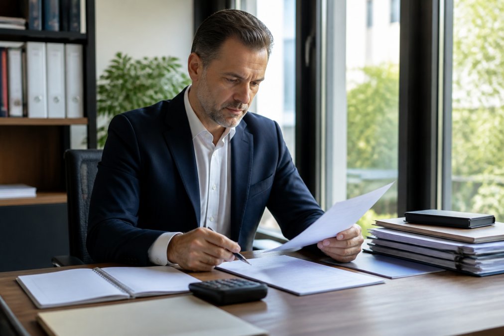 Geschäftsperson sitzt am modernen Schreibtisch, überprüft Dokumente und Notizen sorgfältig, während sie eine Checkliste durcharbeitet, natürliches Licht fällt durch das Fenster