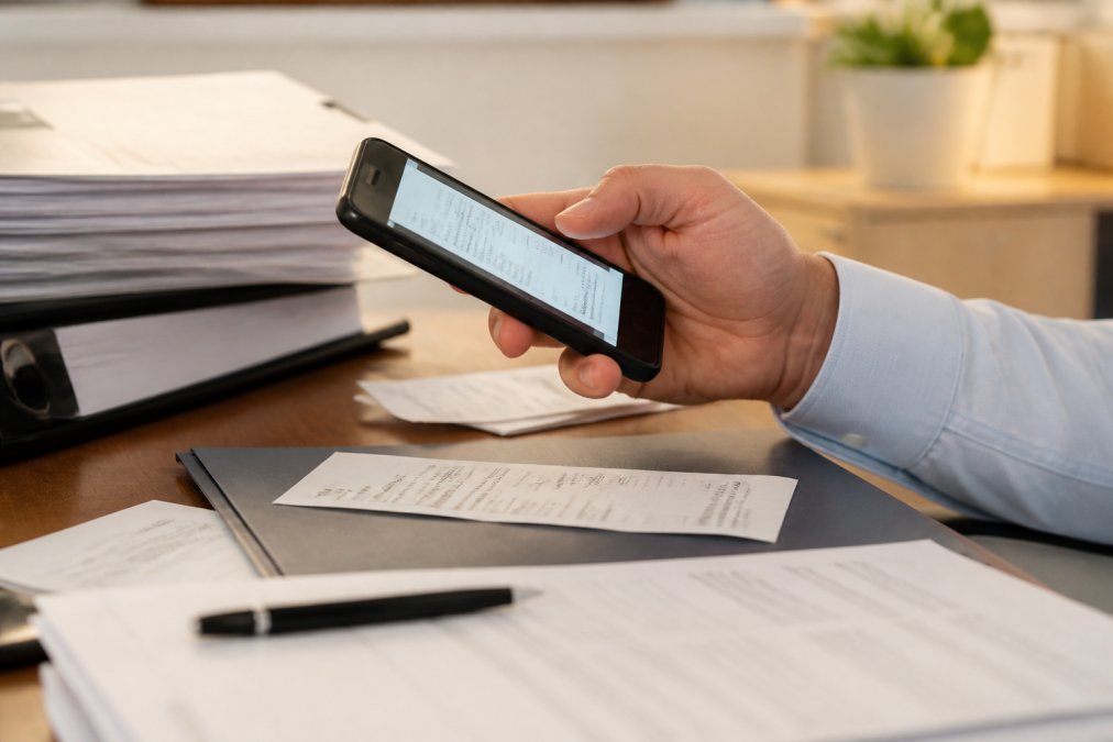 Nahaufnahme einer Hand, die ein Smartphone hält und Steuerunterlagen mit einer App scannt, während Dokumente und Belege auf dem Schreibtisch liegen, warmes Bürolicht