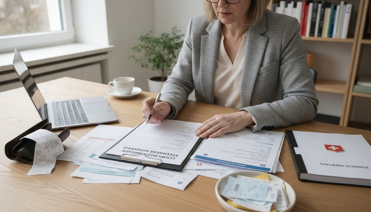 Person sortiert Finanzdokumente und Belege für den Steuerberater für Privatpersonen Schweiz Kosten am Schreibtisch.