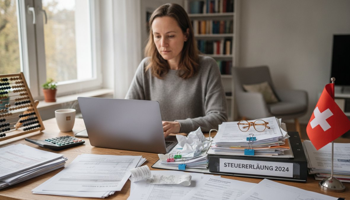 Eine Person sitzt am Laptop und nutzt ein Steuererklär-Tool, mit Dokumenten und Belegen auf dem Schreibtisch neben sich