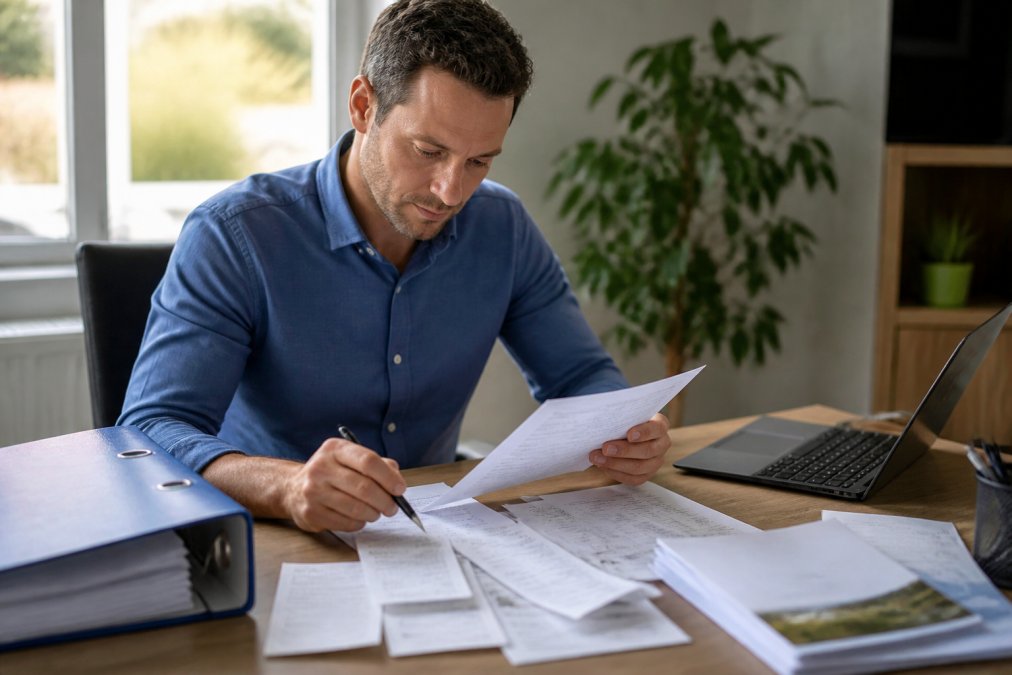 Arbeitnehmer sitzt konzentriert am Schreibtisch und ordnet Rechnungen, Fahrtkosten-Belege und Weiterbildungsunterlagen neben dem Laptop, mit Ordner und Stift in Reichweite