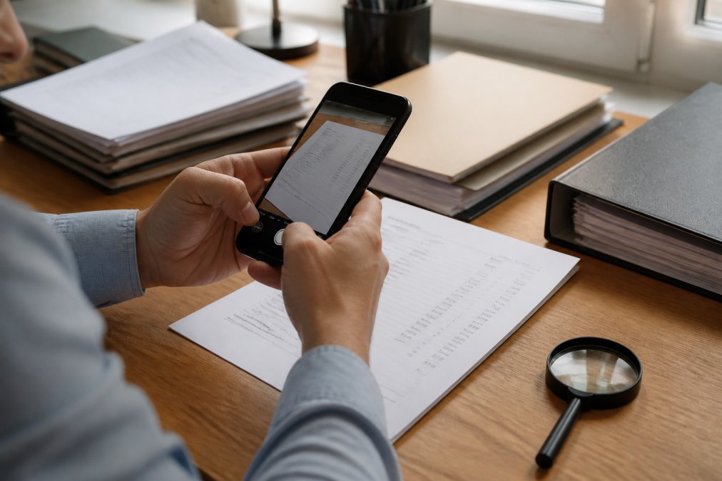 Smartphone mit OptiScanDoc-App, die einen Steuerbeleg fotografiert, auf Schreibtisch mit organisierten Dokumenten und Lupe