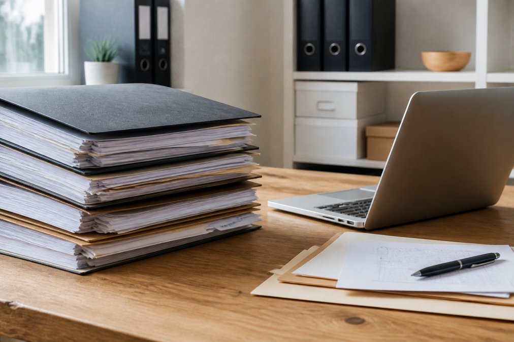 Gut organisierte Papierdokumente und Belege in Ordnersystem neben Laptop mit digitalen Dateien auf Schreibtisch