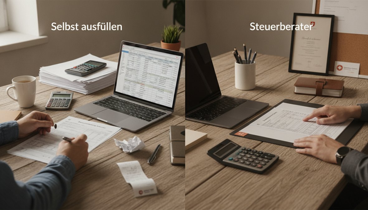 Person sitzt am Schreibtisch mit Steuererklärungsformularen, Taschenrechner und Laptop, ordnet Belege und Quittungen