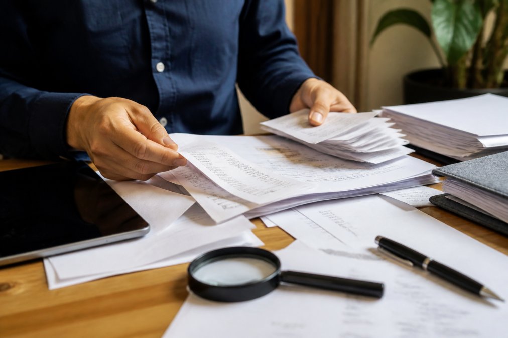 Hände sortieren und organisieren verschiedene Finanzdokumente, Rechnungen und Belege auf einem Schreibtisch mit Tablet, während ein Stift und eine Lupe sichtbar sind