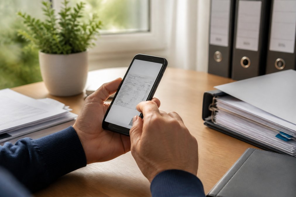 Hände halten ein modernes Smartphone, auf dem Bildschirm ist ein Beleg oder eine Rechnung sichtbar, im Hintergrund liegen Papierdokumente und Ordner auf einem aufgeräumten Schreibtisch, natürliches Tageslicht fällt durch ein Fenster