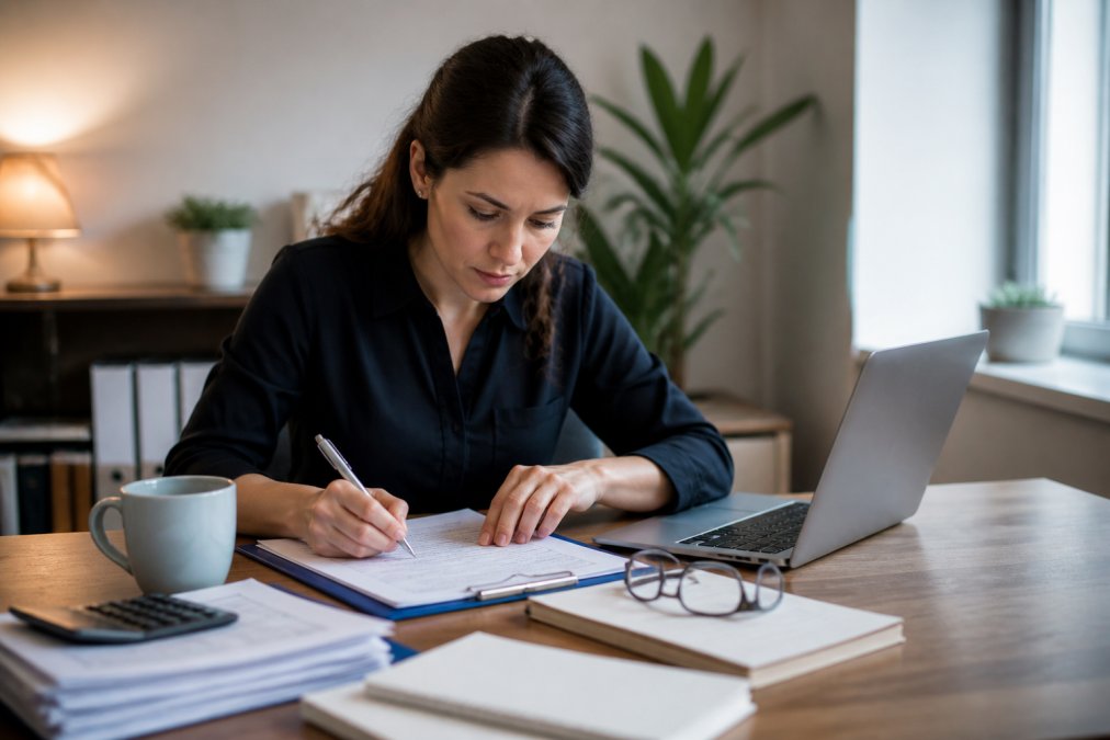 Konzentrierte Person sitzt am modernen Laptop und füllt ein Steuererklärungsformular aus, neben dem Computer liegen organisierte Dokumente, ein Notizbuch und eine Brille, auf dem Schreibtisch steht eine Tasse Kaffee, warmes Bürolicht