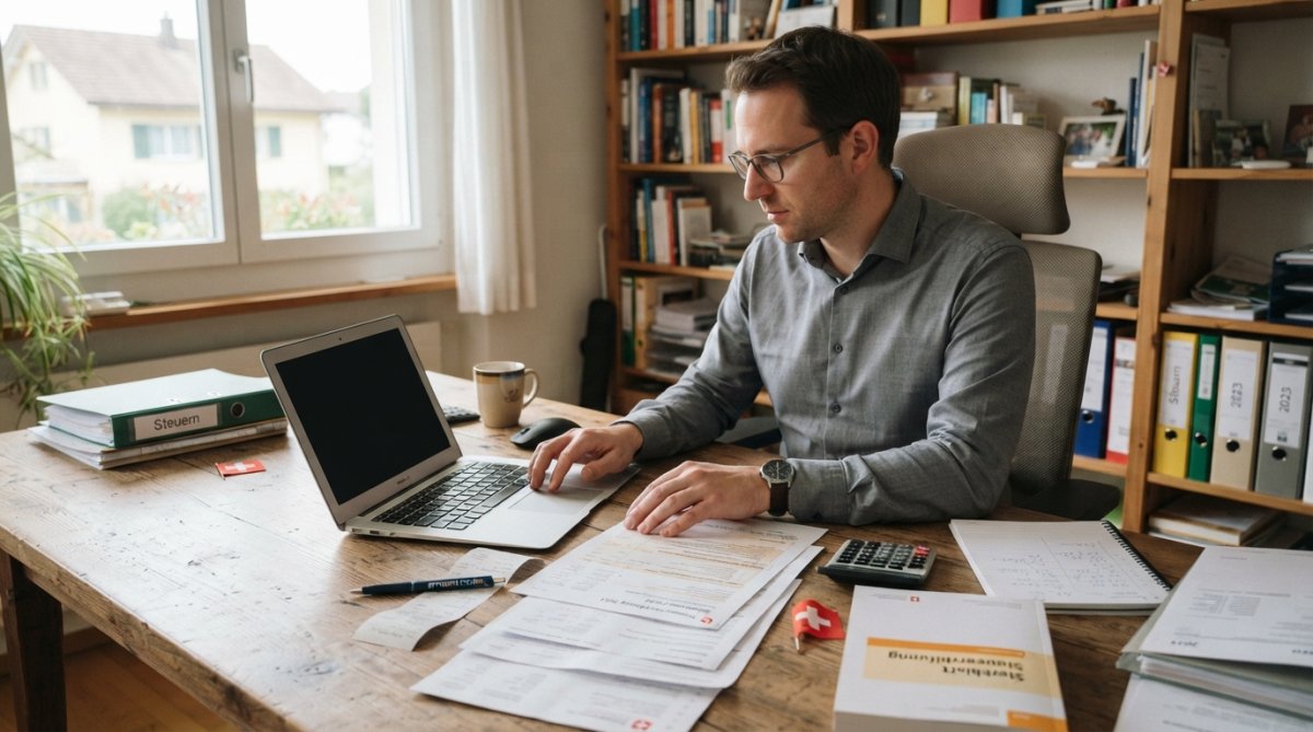 Person am Laptop, die Steuerdokumente und ein digitales Steuererklärungsformular zeigt, in einem hellen Homeoffice-Umfeld mit natürlichem Licht