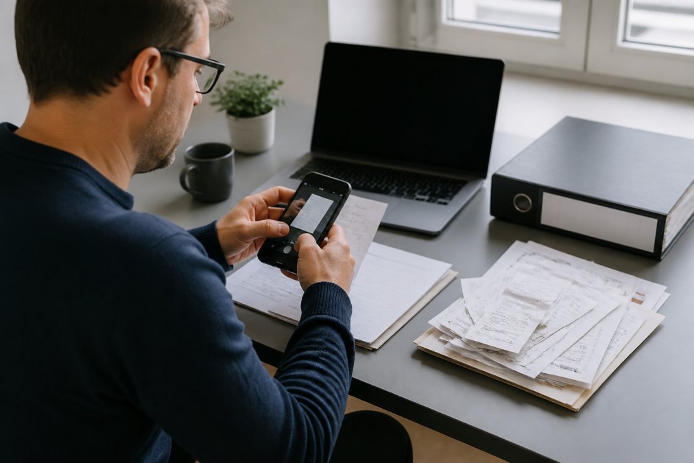 IT-Berater scannt Rechnungen für die Steuererklärung IT-berater mit dem Smartphone in einen digitalen Ordner.