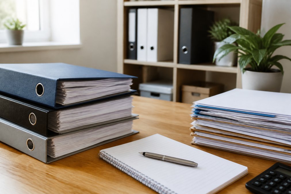 Organisierte Arbeitsstation mit Ordnern, Notizblock und Stift, bereit zur Steuererklärung, moderne helle Büroumgebung mit Ordnungssystem