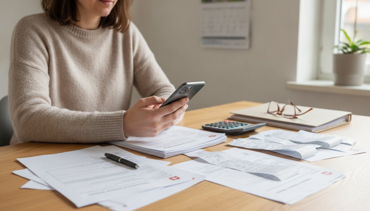 Person sitting at a desk with a laptop and organized tax documents, smartphone with scanning app visible, modern home office with natural light