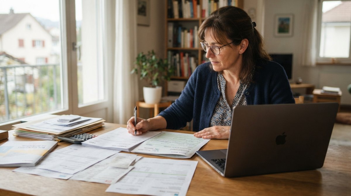 Person am Laptop beim Ausfüllen eines Steuerformulars mit Dokumenten und Notizblöcken auf dem Schreibtisch, konzentrierter Arbeitsplatz mit natürlichem Licht