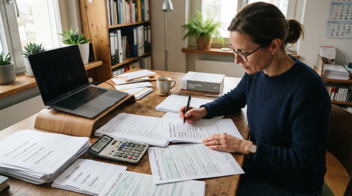 Person sitzt am Schreibtisch mit Dokumenten, Taschenrechner und Laptop und organisiert ihre Steuerunterlagen systematisch