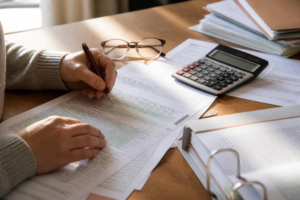 Close-up of a person's hands writing on a Swiss tax form with a calculator, glasses, and documents spread on a wooden desk in warm daylight