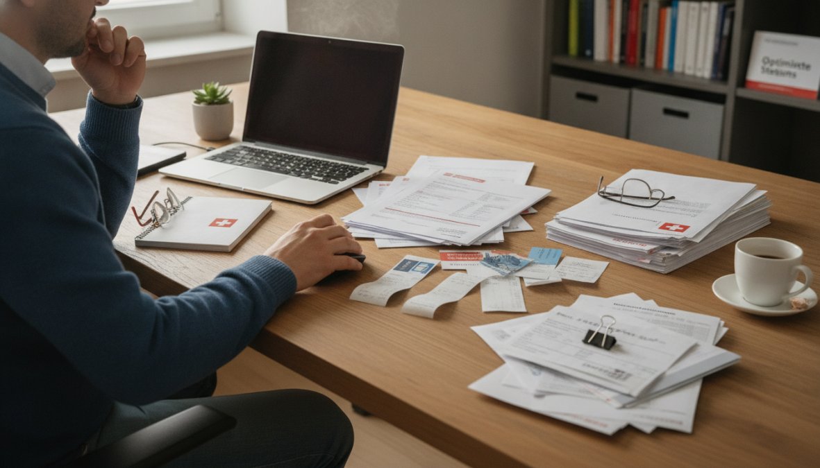 Person sitzt am Schreibtisch mit Laptop und organisiert Steuerunterlagen, Belege und Dokumente in verschiedenen Ordnern, während sie eine Online-Steuererklärung ausfüllt