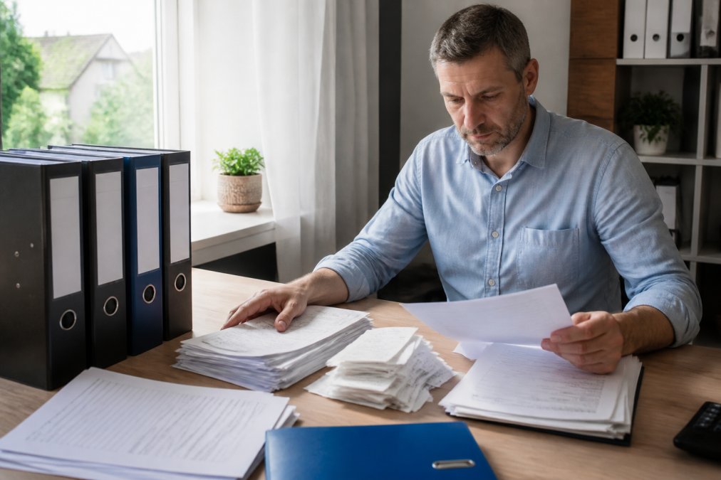 Person am Schreibtisch, die verschiedene Finanzunterlagen, Lohnausweise und Belege sortiert und organisiert, mit Aktenordnern und digitalen Geräten