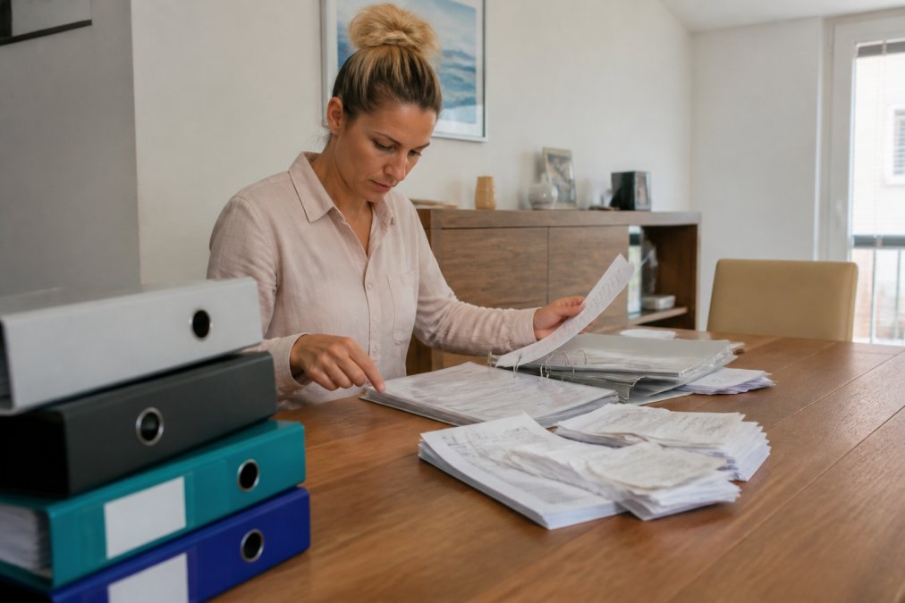 Person am Schreibtisch sortiert Finanzunterlagen und Belege, um die Steuererklärung selber machen oder auslagern zu können.