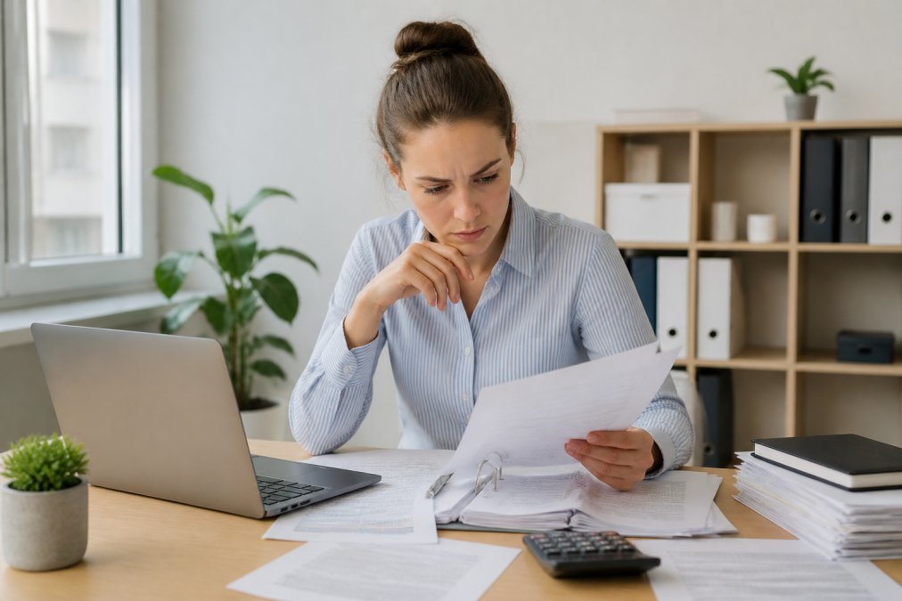 Konzentrierte Person sitzt am modernen Schreibtisch mit Laptop und sortierten Finanzunterlagen, studiert ihre Steuerberechnung mit ernster Miene im hellen Büro