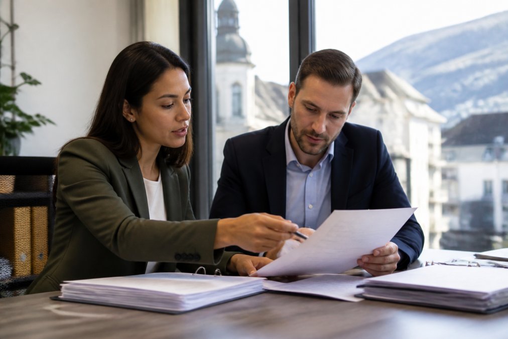 Zwei Fachleute in modernem Büro führen konzentriertes Gespräch über Steuerdokumente, eine Person zeigt auf Unterlagen, beide wirken engagiert und hilfsbereit