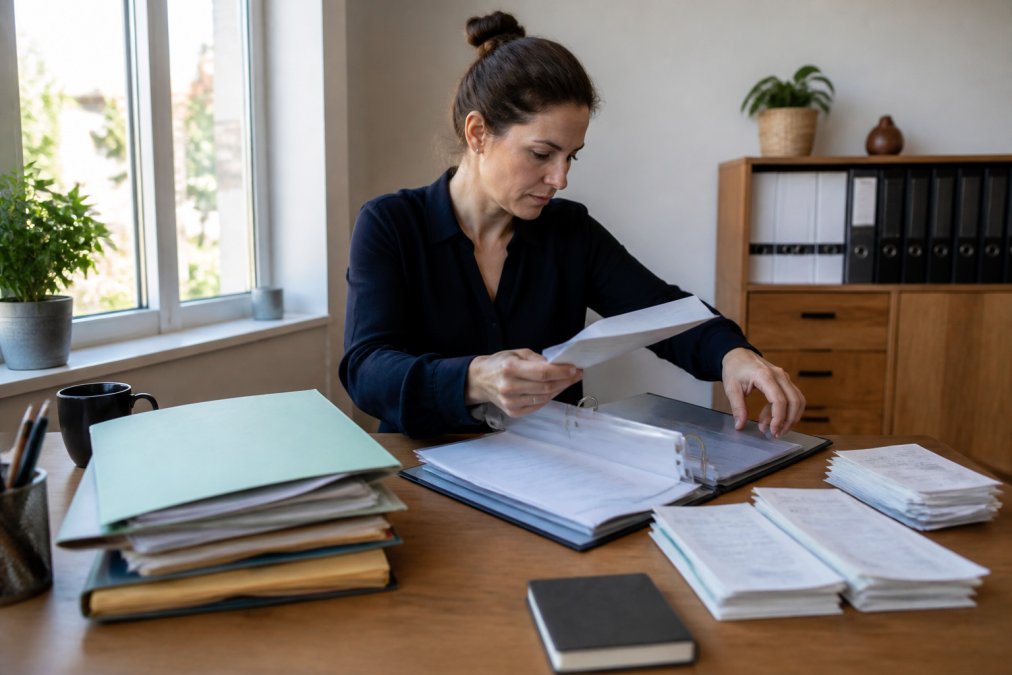 Person am Schreibtisch mit organisierten Dokumentenmappen, Lohnausweisen und Belegen, die sie systematisch sortiert und in einen Ordner abheftet, mit natürlichem Licht aus dem Fenster