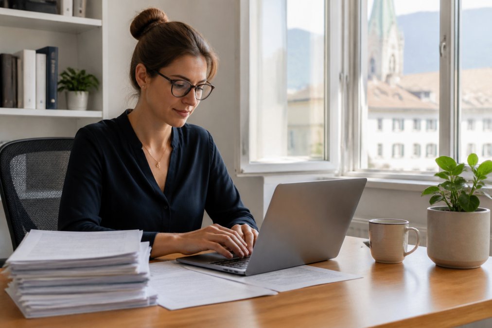 Eine Person sitzt an einem aufgeräumten Schreibtisch und tippt auf einem Laptop, neben sich eine Tasse Kaffee und ein Stapel sortierter Dokumente, im Hintergrund ein helles Bürofenster