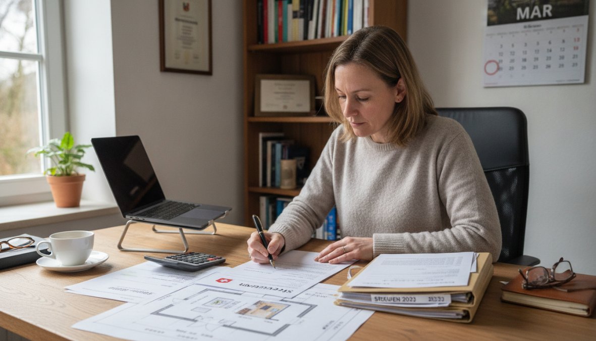 Person sitzt am Schreibtisch im hellen Homeoffice-Arbeitszimmer mit Laptop und Dokumenten, natürliches Licht von Fenster, ordentliche und professionelle Arbeitsumgebung