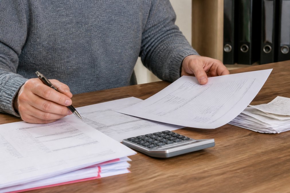 Nahaufnahme einer Person, die Hypothekendokumente und Rechnungen am Schreibtisch sortiert, mit Taschenrechner und Stift