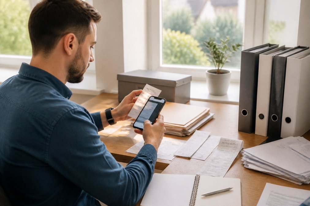 Person an einem modernen Schreibtisch, die Steuerbelege mit einem Smartphone fotografiert und in die Laptop-Anwendung hochlädt, umgeben von sortierten Ordnern und Rechnungen mit natürlicher Fensterbeleuchtung