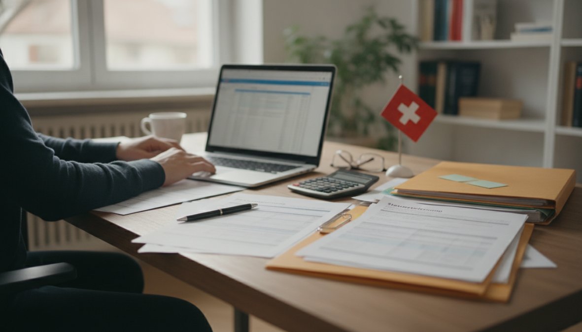 Privatperson sitzt konzentriert am Schreibtisch mit Steuerdokumenten und Laptop, helles Homeoffice-Setting mit Fensterbeleuchtung