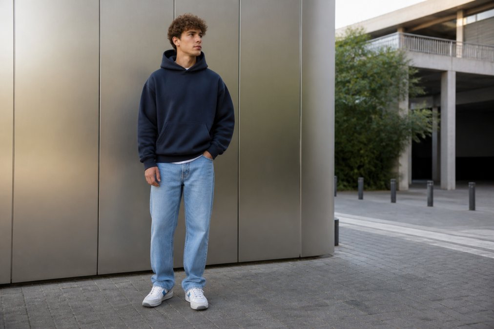 Jonge man gekleed in modern streetwear outfit met oversized hoodie, regular-fit jeans en sneakers, staande in urbane omgeving met natuurlijk daglicht