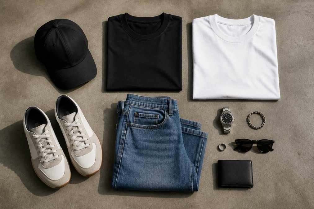 Flatlay van essentiële streetwear basics: zwart en wit t-shirts, jeans, cap en accessoires netjes uitgelegd op neutrale achtergrond